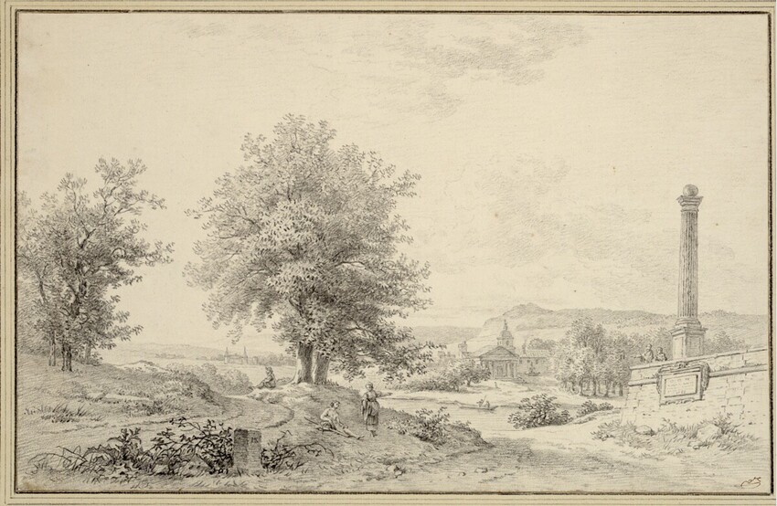 Jean-Baptiste Denis Lempereur (Paris 1726 - 1796 Paris) | Landschaft mit Säulenmonument | Displayed motifs: Tree, Tower, 