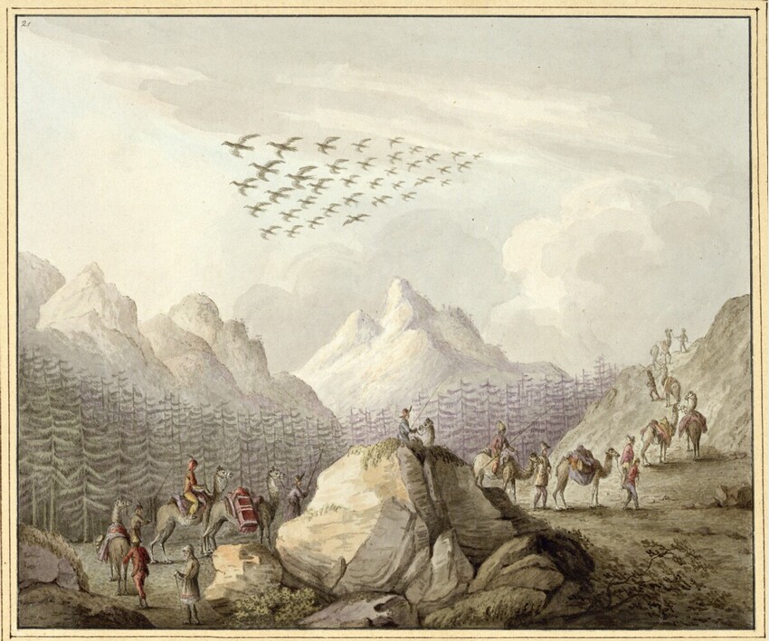 After Louis François Marquis de Beaumanoir (Frankreich/Russland, 1777 - 1810) | Reise über das Gebiet | Displayed motifs: Camel, Person, Coat of arms, Animal, 