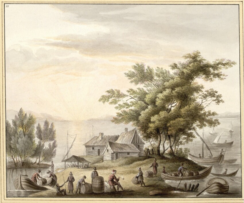 After Louis François Marquis de Beaumanoir (Frankreich/Russland, 1777 - 1810) | Ausladung der Fässer | Displayed motifs: Tree, Boat, Person, Canoe, House, White dove, Mammal, 