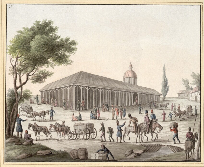 After Louis François Marquis de Beaumanoir (Frankreich/Russland, 1777 - 1810) | Warenhalle | Displayed motifs: Tree, Camel, Building, Person, Coat of arms, 