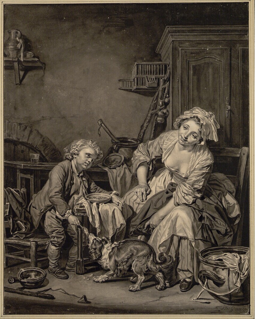 Jean-Baptiste Greuze (Tournus 1725 - 1805 Paris) | Das geteilte Mahl (auch: Das verwöhnte Kind) | Displayed motifs: Cat, Latin cross, Human face, Man, Clothing, Person, Woman, 