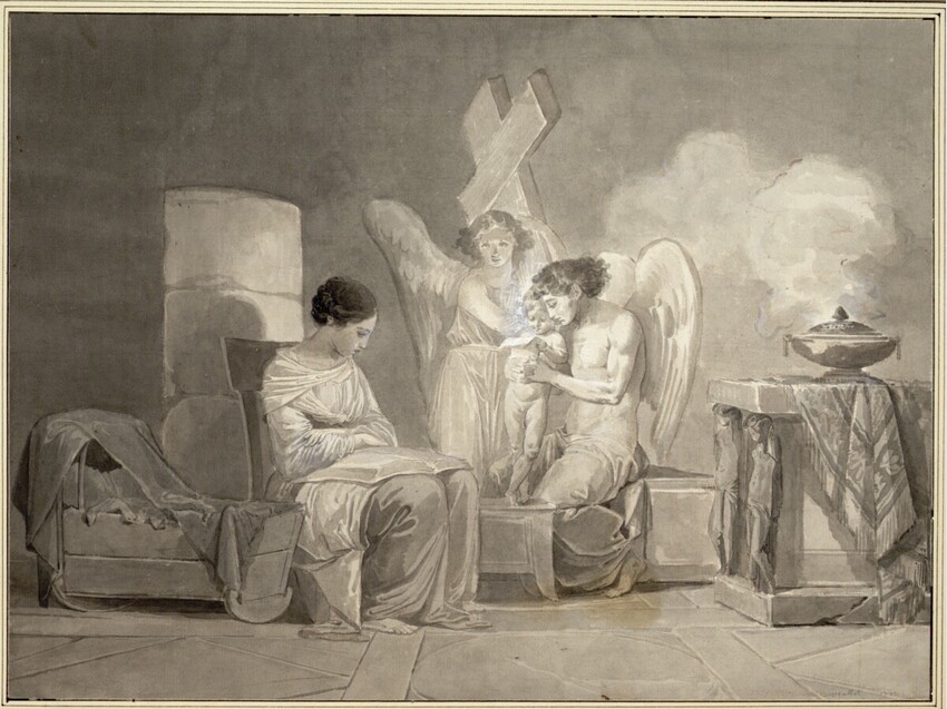 Jean-Baptiste Mallet (Grasse 1759 - 1835 Paris) | Hl. Maria und der Jesusknabe mit zwei Engeln | Displayed motifs: Angel, Clothing, Human face, Woman, Man, 