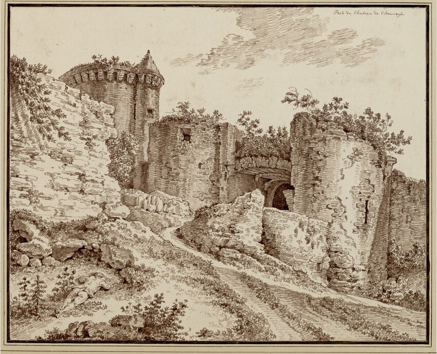 Johann Georg Wille (Biebertal, Gießen 1715 - 1808 Paris) | Schloßruine von Chevreuse | Displayed motifs: Castle, Putto, Tree, 