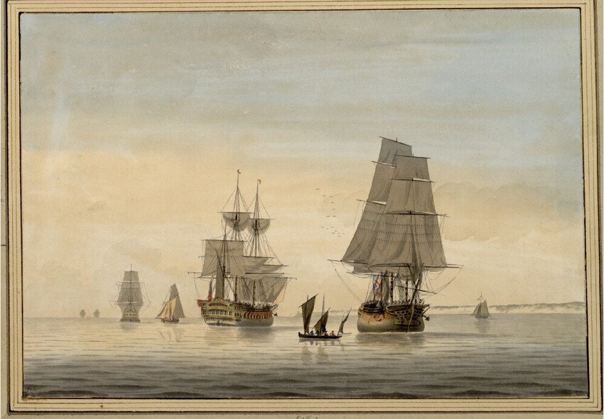 Samuel Atkins (Großbritannien, 1760 - 1810) | Ein Ostindienfahrer und andere Schiffe bei lauem Wind in den Downs | Displayed motifs: Boat, 