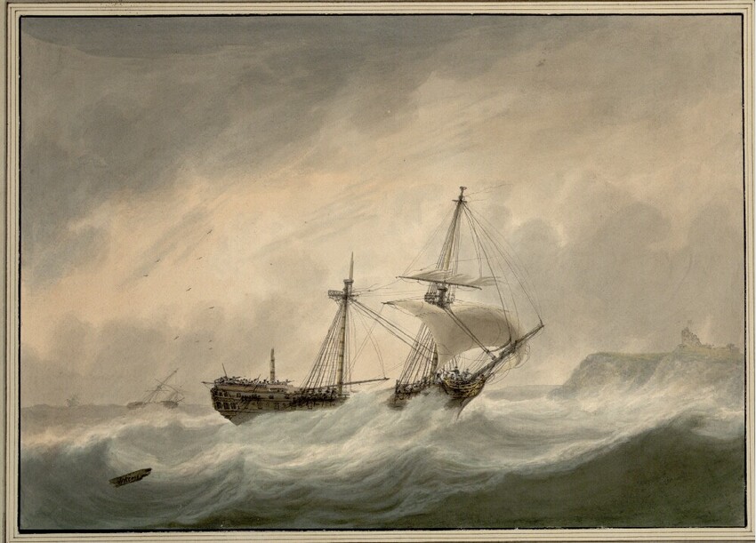 Samuel Atkins (Großbritannien, 1760 - 1810) | Zwei abgemastete Ostindienfahrer bei Sturm an eine Leeküste anlaufend | Displayed motifs: Boat, Latin cross, 