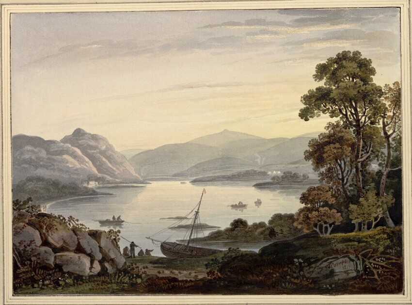 John Henry Campbell (Dublin 1757 - 1828 Dublin) | Loch Etive, Argyllshire, Schottland | Displayed motifs: Tree, Boat, 