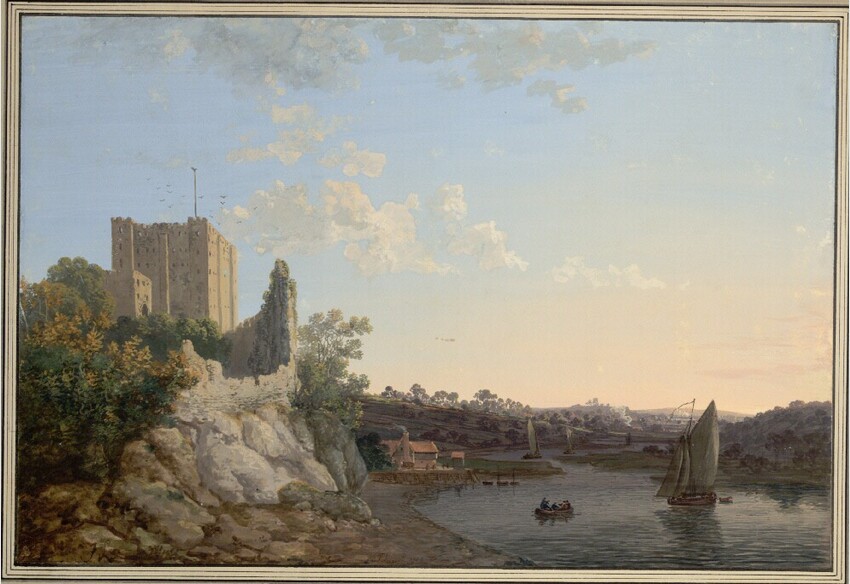 John Laporte (Großbritannien, 1761 - 1839) | Ansicht von Rochester Castle, Kent | Displayed motifs: Boat, Tree, Building, Miter, 