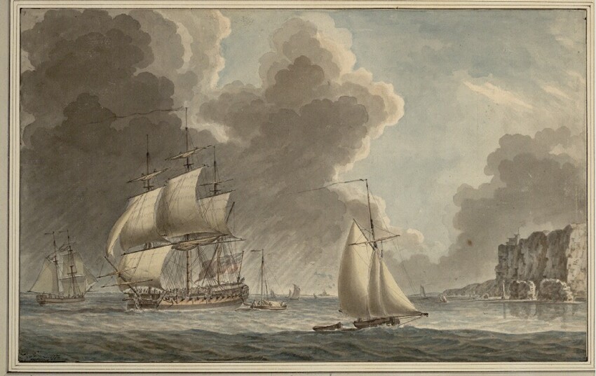 Dominic Serres (Auch (Frankreich) 1722 - 1793 London) | Ein Kriegsschiff und weitere Schiffe bei stürmischem Wetter vor der Küste | Displayed motifs: Boat, Latin cross, 