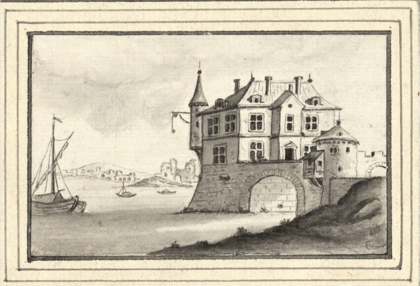 Erzherzog Karl von Österreich Herzog von Teschen (Florenz 1771 - 1847 Wien) | Festung am Meer | Displayed motifs: Boat, House, Building, Latin cross, 