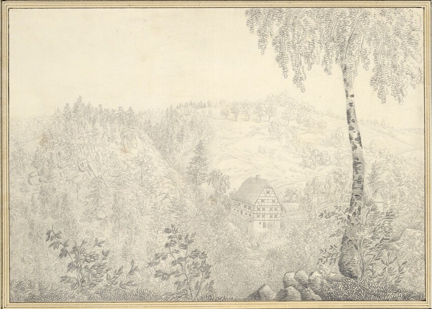 Prinzessin Maria von Sachsen (Dresden 1796 - 1865 Florenz) | Waldtal | Displayed motifs: Tree, Plant, Building, 