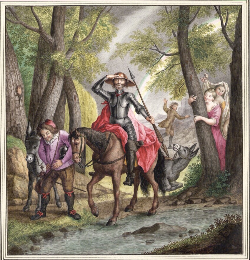 Erzherzogin Marie Christine Habsburg-Lothringen (Wien 1742 - 1798 Wien) | Don Quichotte mit dem Barbierbecken | Displayed motifs: Person, Horse, Woman, Man, Animal, Tree, 