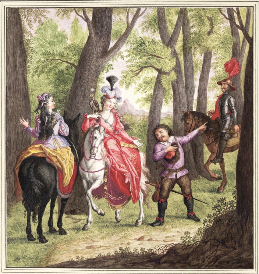 Erzherzogin Marie Christine Habsburg-Lothringen (Wien 1742 - 1798 Wien) | Don Quichotte will die Herzogin sehen | Displayed motifs: Person, Horse, Mule, Tree, Animal, Angel, 