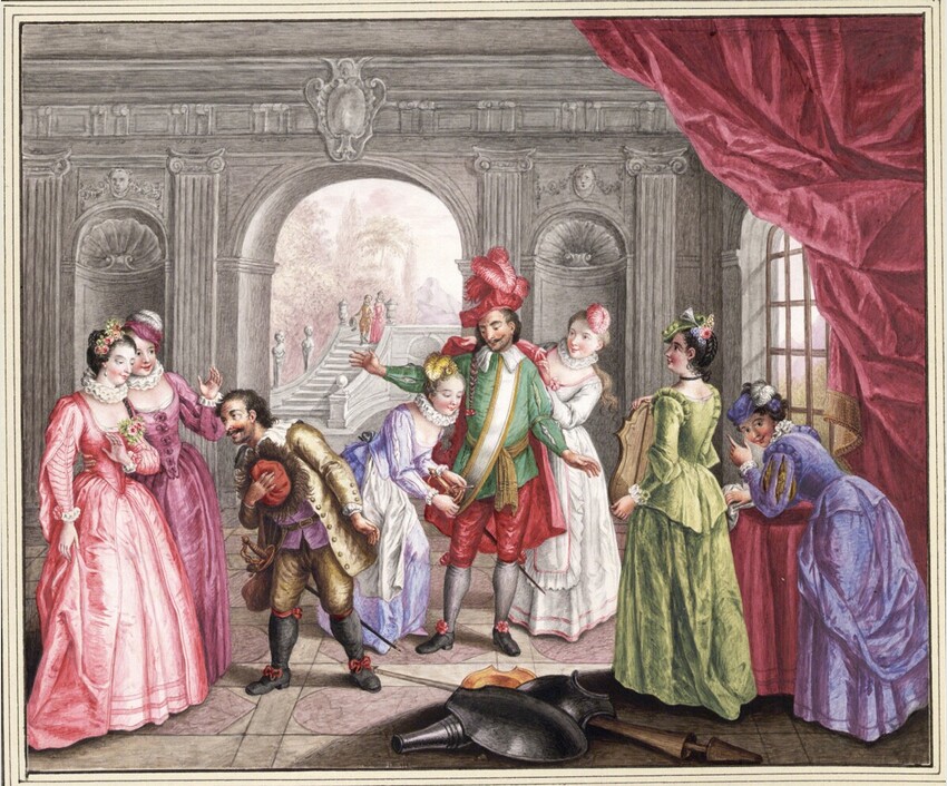 Erzherzogin Marie Christine Habsburg-Lothringen (Wien 1742 - 1798 Wien) | Don Quichottes und die Mädchen der Herzogin | Displayed motifs: Coat of arms, Woman, Clothing, Curtain, Footwear, Dress, 