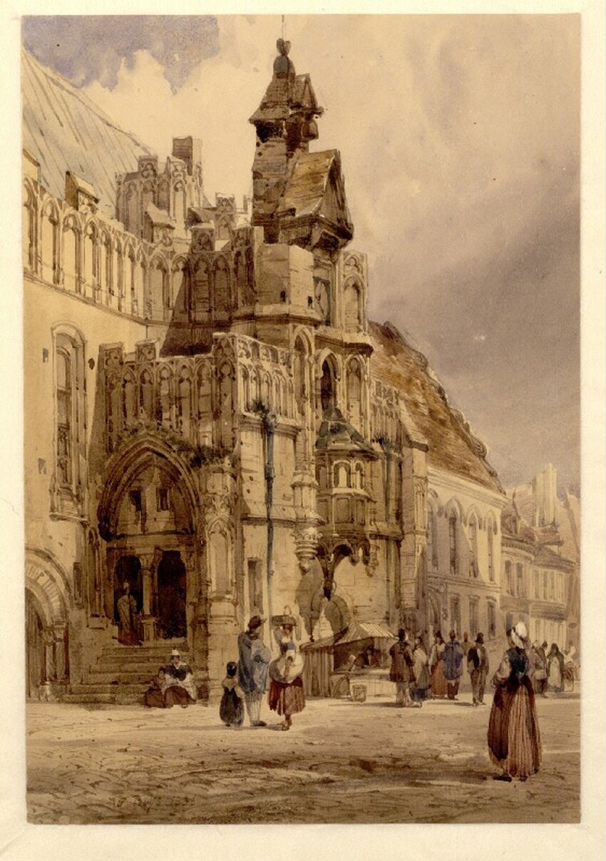 Thomas Shotter Boys (Pentonville bei London 1803 - 1874 London) | Portal des alten Rathauses von St. Omer | Displayed motifs: Building, Person, Clothing, Woman, 