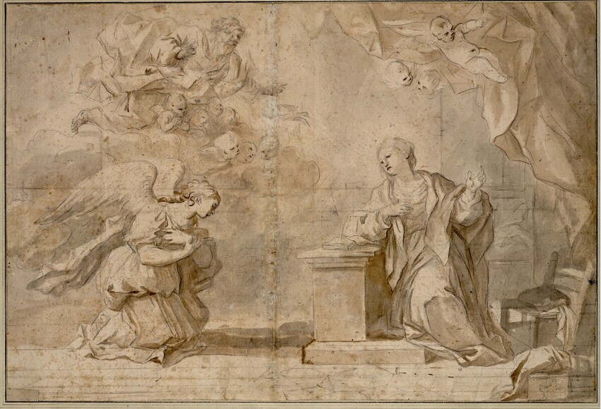 Luca Giordano (Neapel 1632/34 - 1705 Neapel) | Verkündigung | Displayed motifs: Angel, Putto, Person, Human face, Chair, 