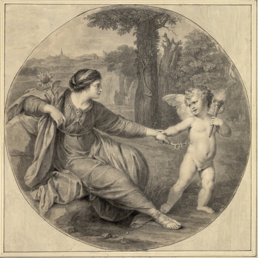 Francesco Bartolozzi (Florenz 1728 - 1815 Lissabon) | Klythia mit der Sonnenblume und Cupido (Tondo) (Ovid, Met. IV, 256-270) | Displayed motifs: Putto, Boy, Footwear, Man, Clothing, Tree, Human face, 