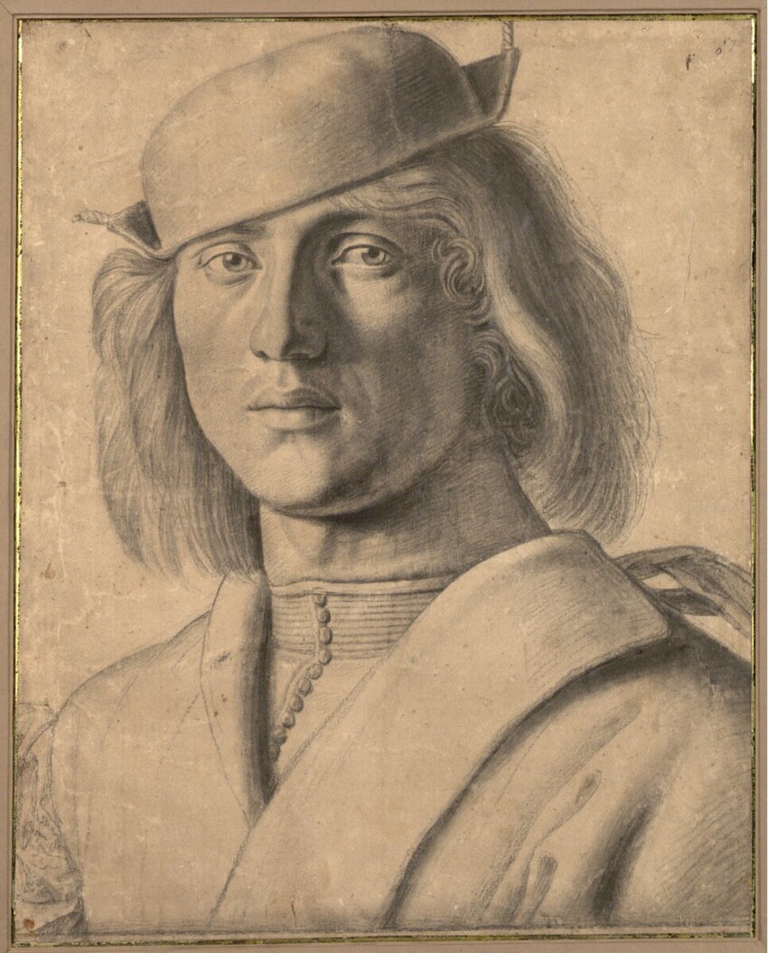 Francesco Bonsignori (Verona um 1460 (?) - 1519 Caldiero) | Brustbildnis eines jungen Mannes mit langem Haar und Mütze | Displayed motifs: Human face, Clothing, Halo, Man, Woman, 