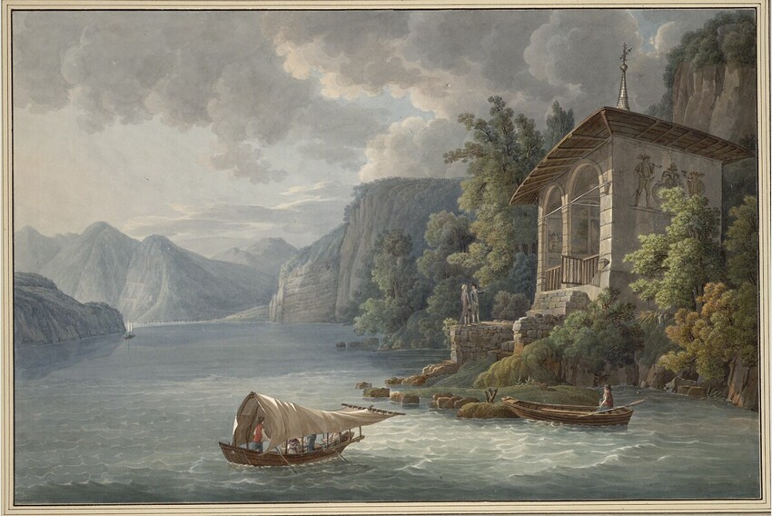 Peter Birmann (Basel 1758 - 1844 Basel) | Die Wilhelm Tell Kapelle am Vierwaldstätter See | Displayed motifs: Tree, Boat, Canoe, House, Building, 