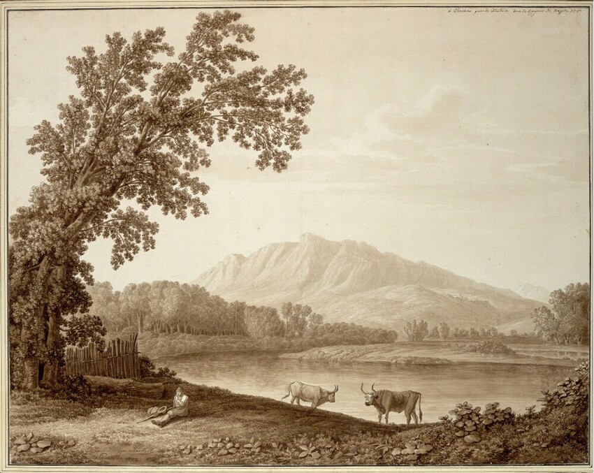 Jakob Philipp Hackert (Prenzlau 1737 - 1807 San Piero di Careggio/Florenz) | See und Berge von Persano bei Paestum | Displayed motifs: Animal, Tree, Putto, 