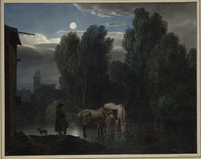 Wilhelm Alexander Wolfgang von Kobell (Mannheim 1766 - 1855 München) | Mondscheinlandschaft mit zwei Pferden und ihren Hütern an der Tränke | Displayed motifs: Cattle, Person, Tree, 