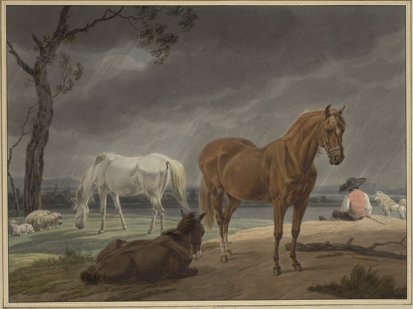 Wilhelm Alexander Wolfgang von Kobell (Mannheim 1766 - 1855 München) | Pferde und Schafe mit einem Hirten vor weiter Landschaft | Displayed motifs: Horse, Tree, Person, Sheep, 