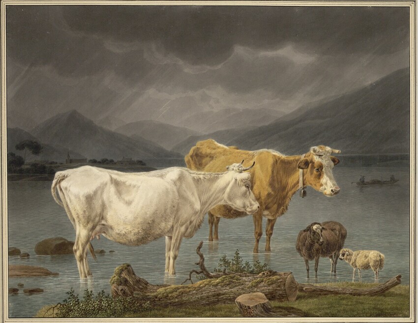 Wilhelm Alexander Wolfgang von Kobell (Mannheim 1766 - 1855 München) | Kühe und Schafe im seichten Uferwasser des Schliersees bei herannahendem Gewitter | Displayed motifs: Cattle, Sheep, Animal, 