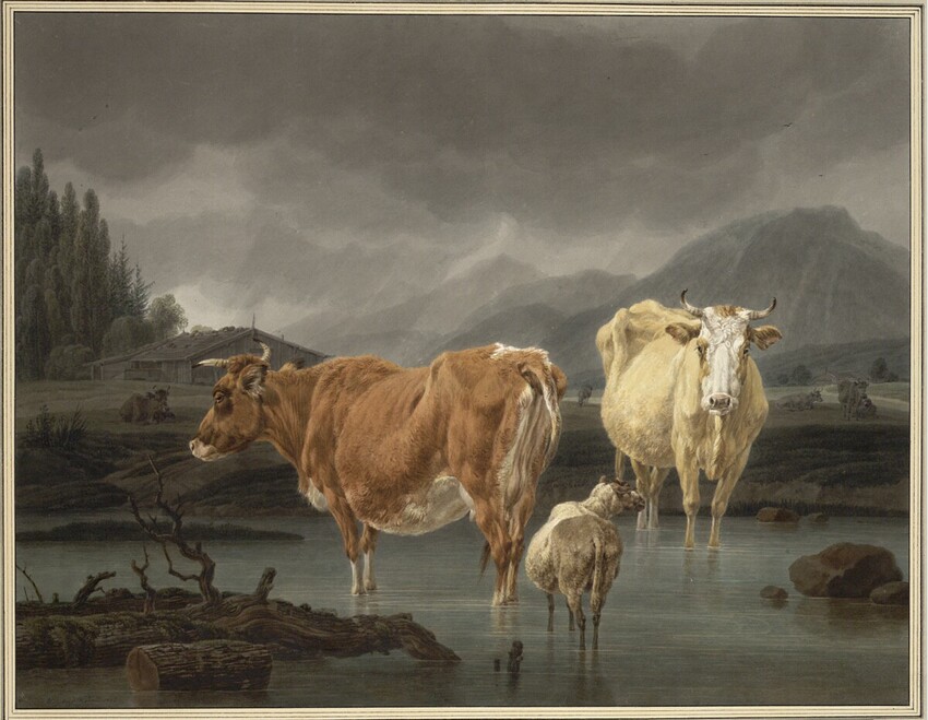 Wilhelm Alexander Wolfgang von Kobell (Mannheim 1766 - 1855 München) | Kühe und Schafe im seichten Wasser eines Gebirgssees | Displayed motifs: Cattle, Deer, Tree, 