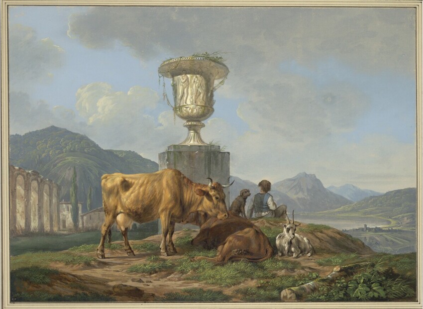 Karl Kuntz (Mannheim 1770 - 1830 Karlsruhe) | Ein Hirtenjunge mit zwei Kühen und einer Ziege bei einer antiken Vase in südlicher Landschaft | Displayed motifs: Cattle, Person, Animal, Mammal, Coat of arms, 