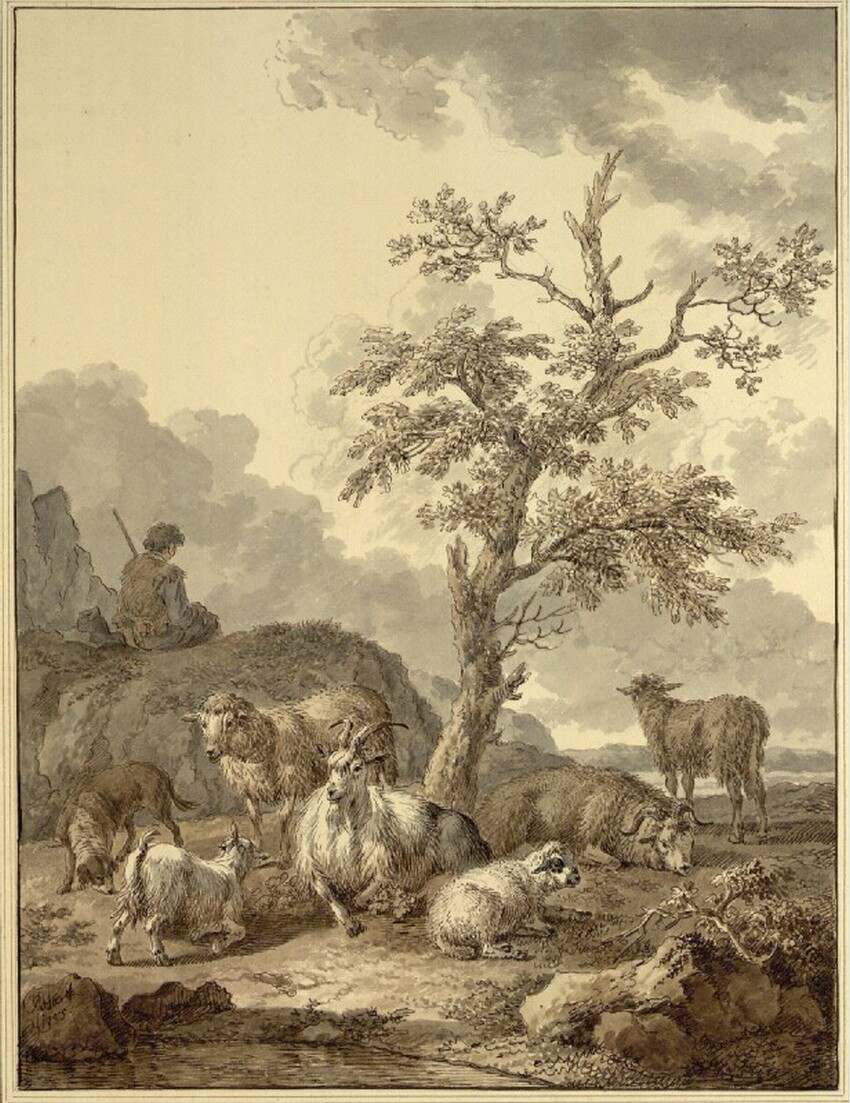 Joseph Rosa (Wien 1726 - 1805 Wien) | Hirte mit seiner Herde unter einem Baum | Displayed motifs: Tree, Sheep, Goat, Person, Animal, Clothing, Man, 