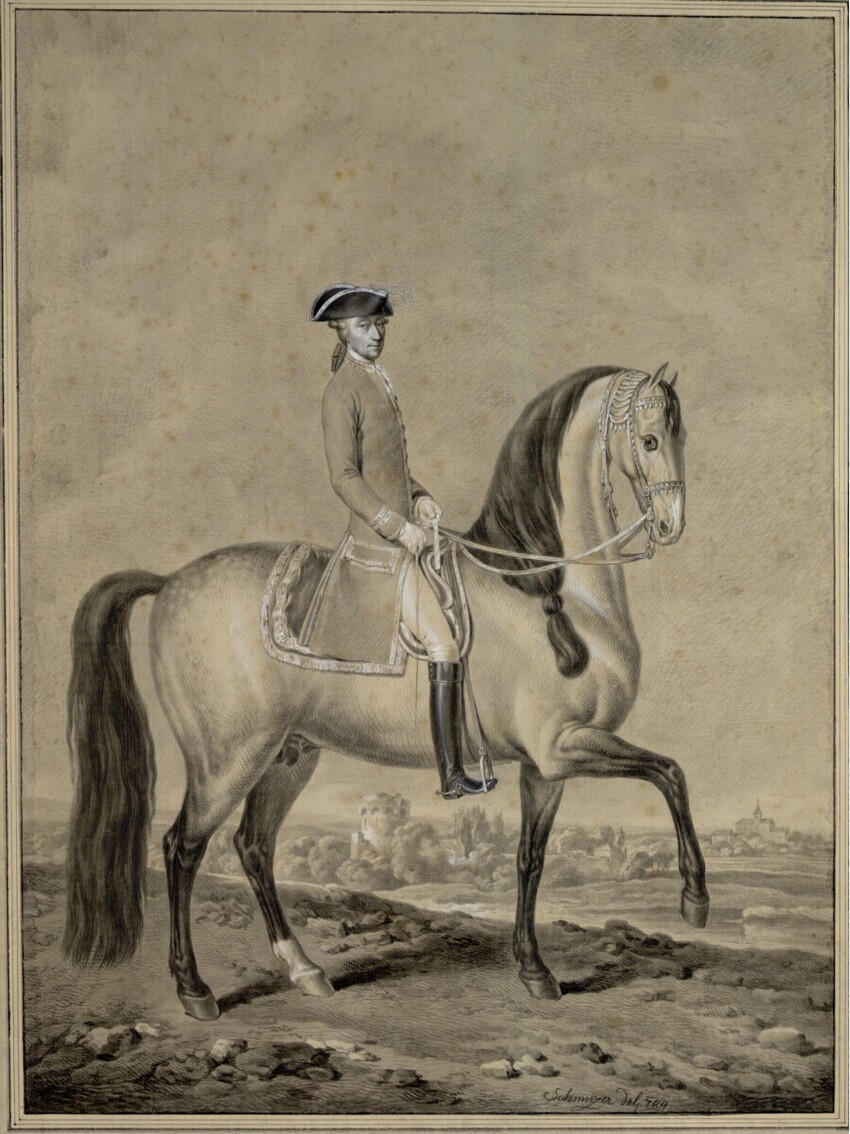 Jacob Matthias Schmutzer (Wien 1733 - 1811 Wien) | Fürst Wenzel von Kaunitz zu Pferd in Landschaft | Displayed motifs: Horse, Person, 