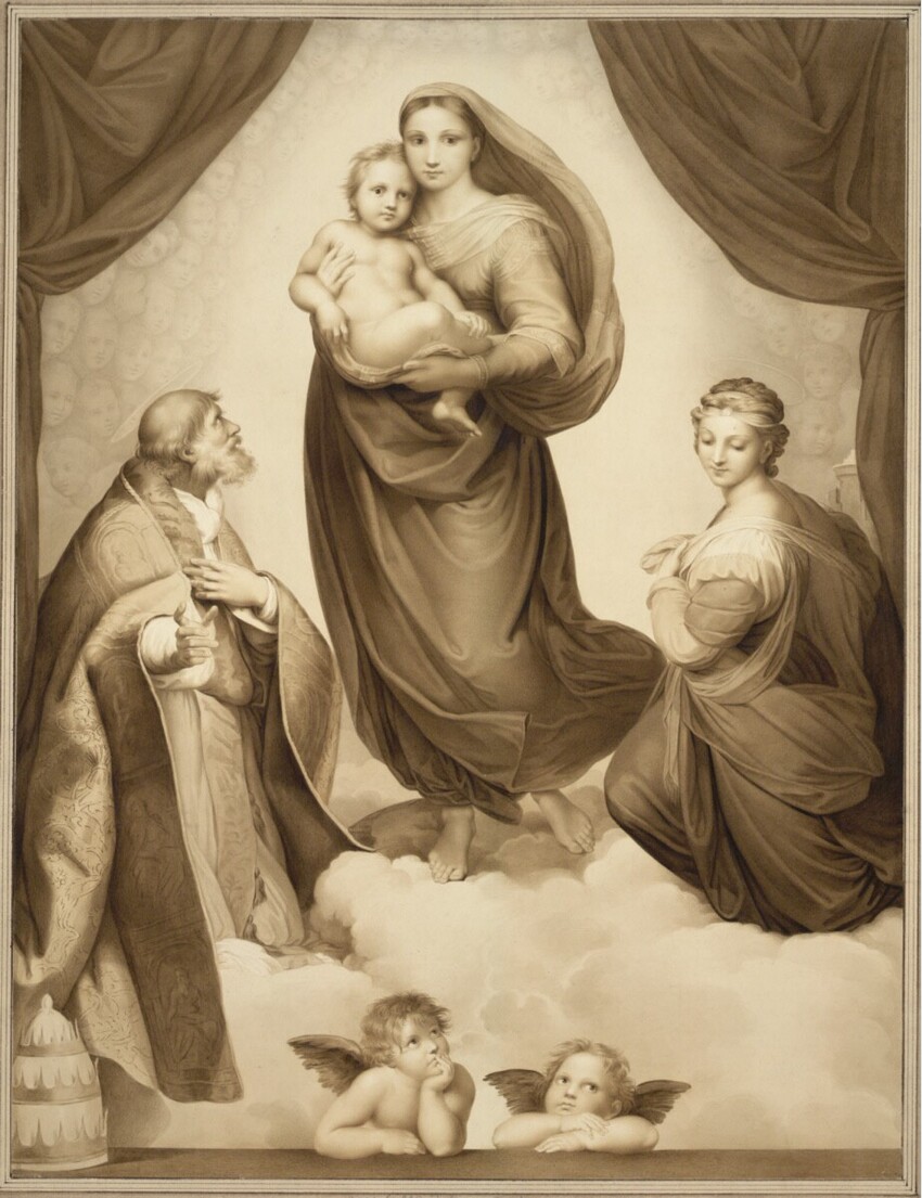 Apollonia Seydelmann (Venedig 1767/68 - 1840 Dresden) | Kopie nach Raphael: Die Madonna des Hl. Sixtus | Displayed motifs: Putto, Human face, Girl, Madonna, Woman, Clothing, Man, 