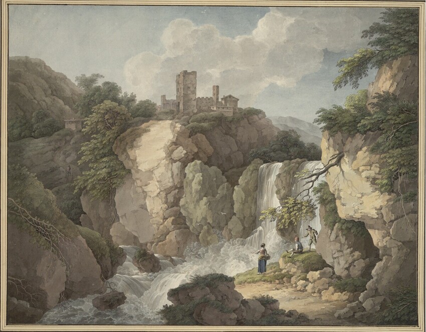 Adrian Zingg (St. Gallen 1734 - 1816 Leipzig) | Felsschlucht mit mächtigem Wasserfall, auf einem Felshügel darüber Ruinen einer alten Burg | Displayed motifs: Castle, Tree, Person, 