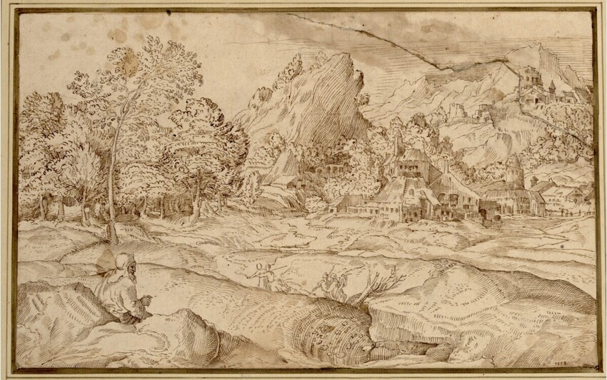Domenico Campagnola ((Venedig?) um 1500 - 1564 Padua) | Gebirgige Baumlandschaft mit einer Ansiedlung; links vorne sitzt ein Pilger im Profil nach rechts | Displayed motifs: Tree, Bed, Person, 