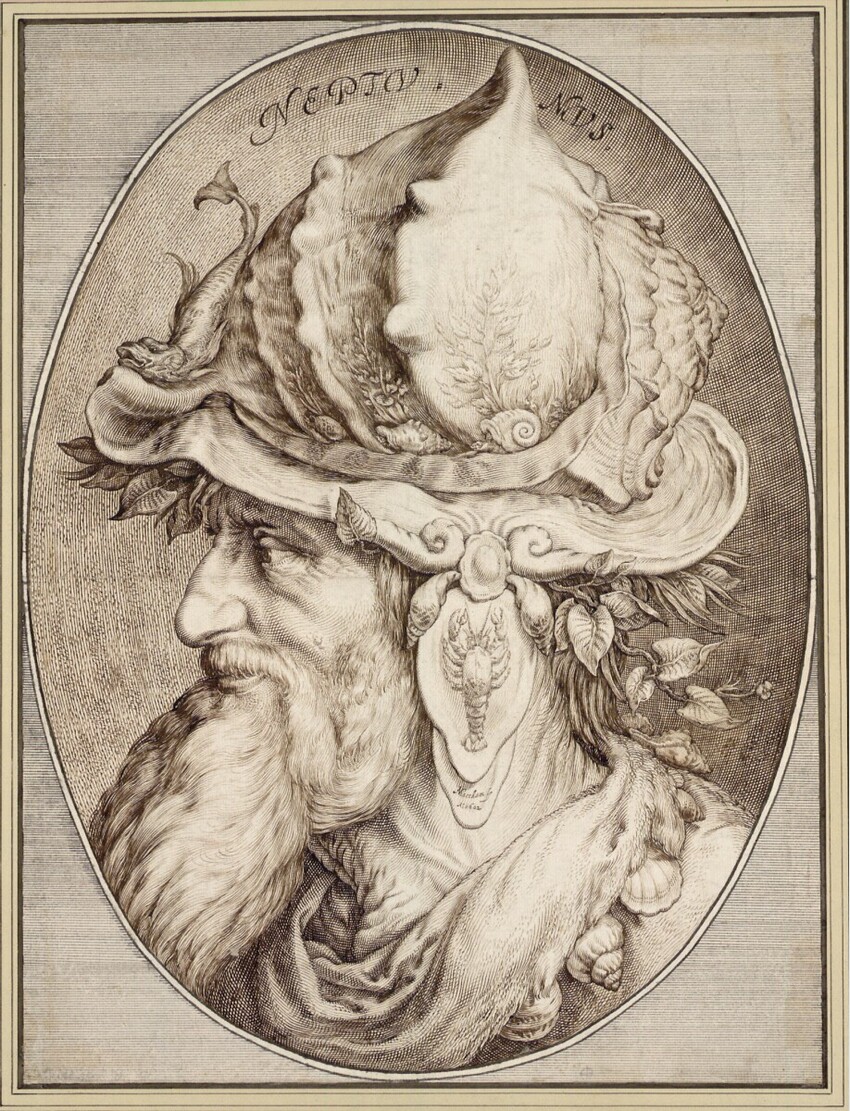 Jacob Matham (Haarlem 1571 - 1631 Haarlem) | Neptun | Displayed motifs: Animal, Human face, Mammal, Angel, Person, 