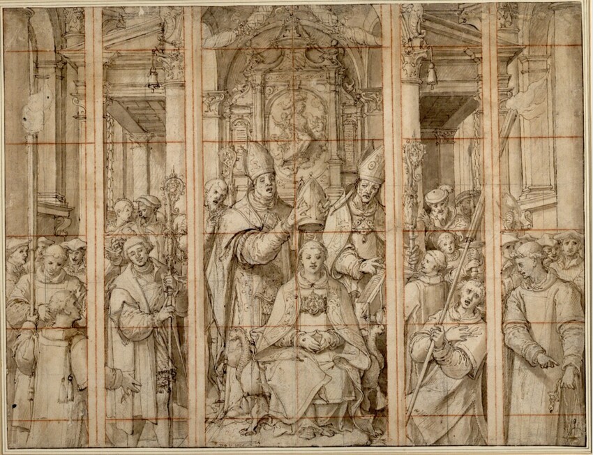 Pieter Coecke van Aelst (Aalst 1502 - 1550 Brüssel) | Die Bischofsweihe des hl. Nikolaus (Scheibenriss) | Displayed motifs: Miter, Clothing, Angel, Person, Man, Woman, Human face, 