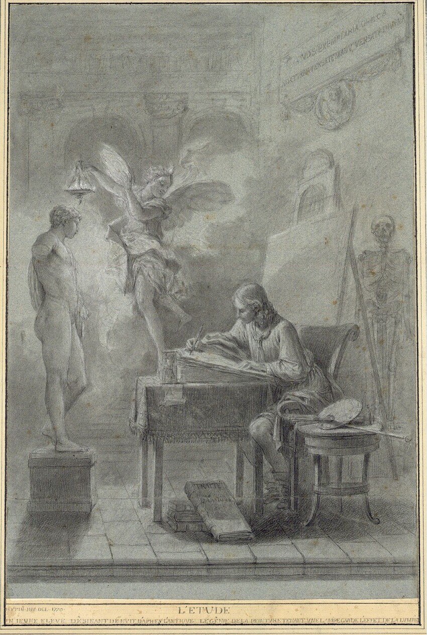 Charles François Hutin (Paris 1715 - 1776 Dresden) | Ein junger Künstler, eine antike Statue zeichnend, die vom Genius der Malerei beleuchtet wird | Displayed motifs: Angel, Man, Person, Furniture, Human face, Clothing, Human head, 