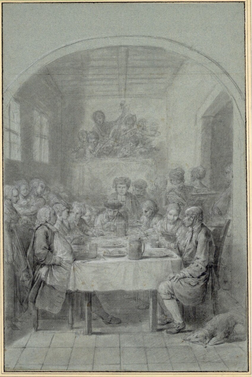 Charles François Hutin (Paris 1715 - 1776 Dresden) | Hochzeitsmahl in einem Dorf in Sachsen mit herrschaftlichem Gast | Displayed motifs: Table, Clothing, Man, Footwear, Human face, 