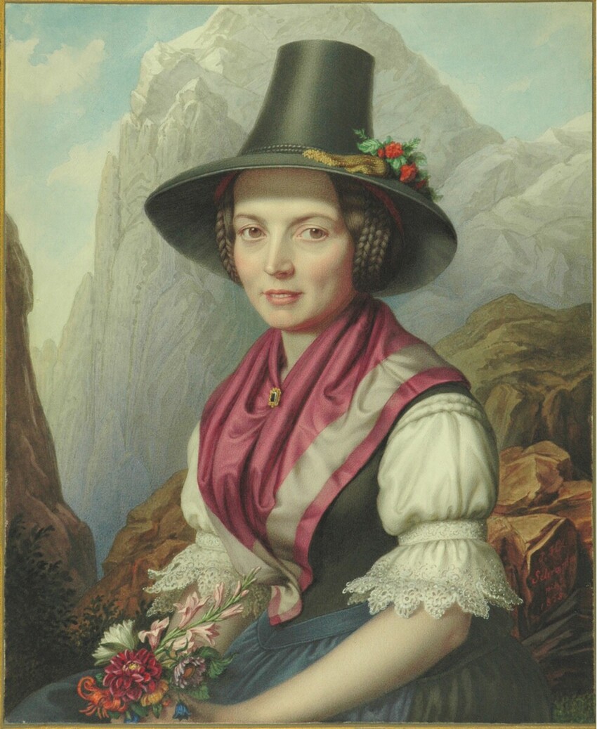 Johann Heinrich Schramm (Teschen 1810 - 1865 Wien) | Eva Nesemann, geb. Rahm, aus dem Zillertal | Displayed motifs: Human face, Halo, Woman, Clothing, Person, Sun hat, Hat, 