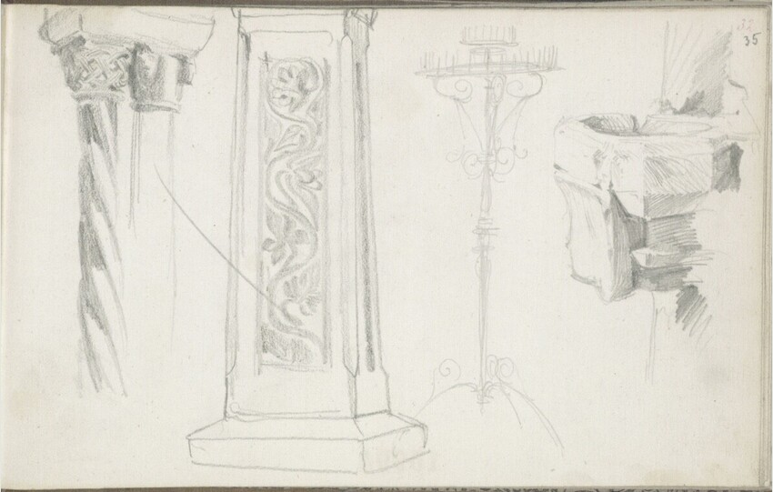 Hans Makart (Salzburg 1840 - 1884 Wien) | Säule; Pilaster; Leuchter; Weihbrunnenkessel | Displayed motifs: Lamp, Latin cross, 