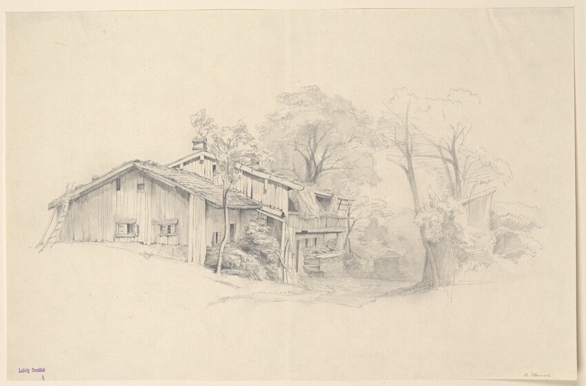 Anton Hansch (Wien 1813 - 1876 Salzburg) | Bauernhaus | Displayed motifs: House, Tree, Angel, 