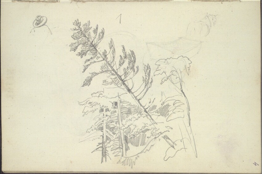 Anton Hansch (Wien 1813 - 1876 Salzburg) | Waldstudie; zarte Skizze eines Pferdewagens; kleine Skizze eines Mannes mit Hut von hinten | Displayed motifs: Plant, Tree, White dove, Insect, Latin cross, Clothing, 