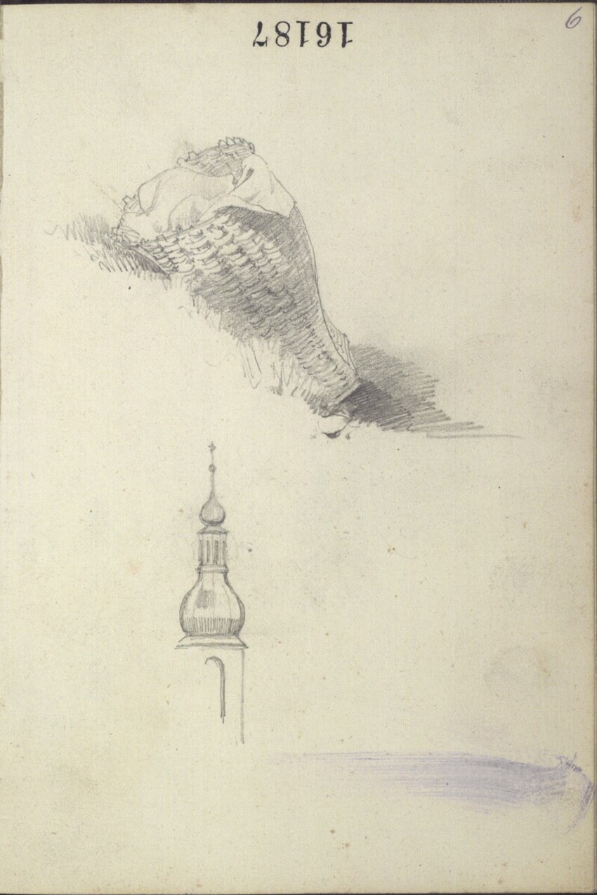 Anton Hansch (Wien 1813 - 1876 Salzburg) | Studie eines Korbgeflechtes und einer Kirchturmspitze (im Skizzenbuch kopfstehend) | Displayed motifs: Bird, Falcon, 