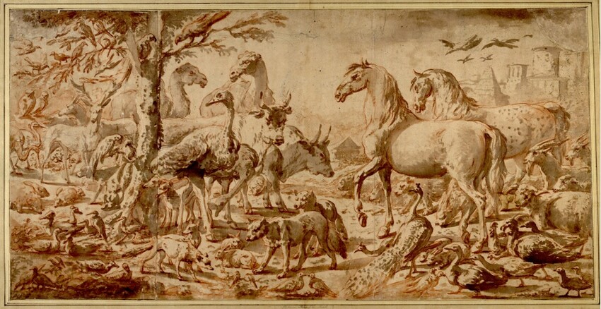 Johann Heinrich Roos (Otterberg (Kaiserslautern) 1631 - 1685 Frankfurt am Main) | Tiere des Paradieses I. | Displayed motifs: White dove, Animal, Camel, Lion, Veil, Horse, Dog, 