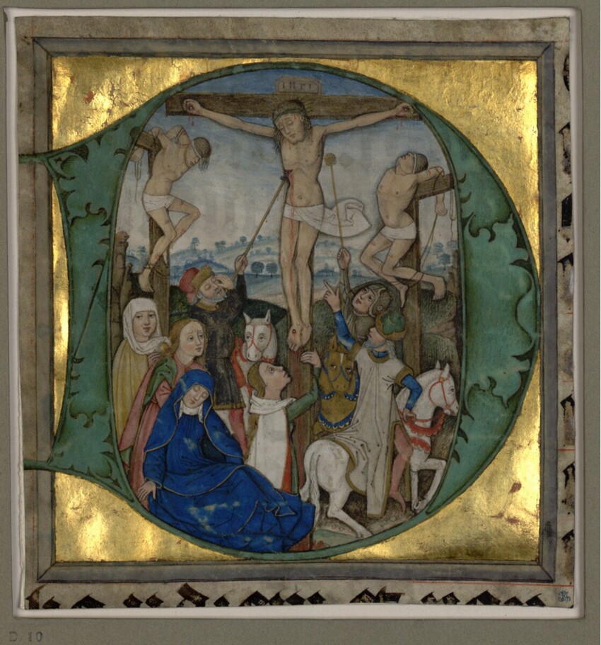 Oberdeutscher Meister | Initiale D mit Kreuzigung Christi | Displayed motifs: Wound, Veil, Crucifixion, Thorn crown, Woman, Clothing, Person, 