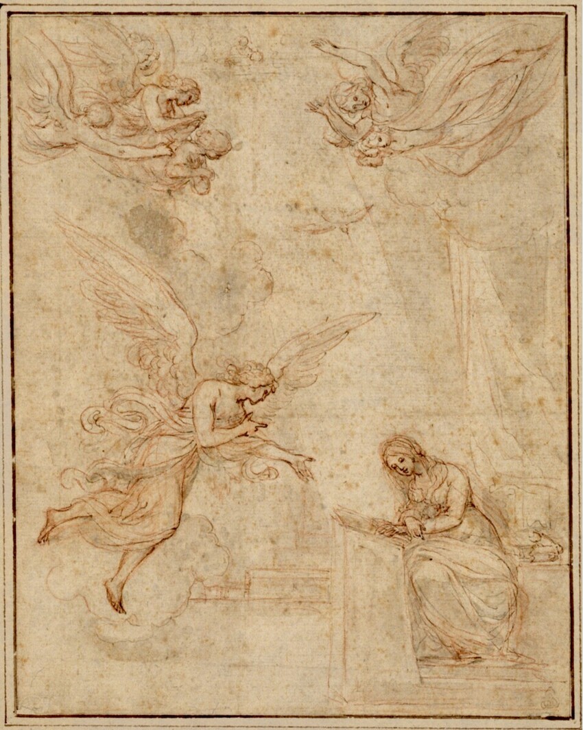 Ludovico Carracci (Bologna 1555 - 1619 Bologna) | Mariä Verkündigung; oben zwei Gruppen von Engeln | Displayed motifs: Angel, White dove, Putto, Person, Animal, Insect, Madonna, 