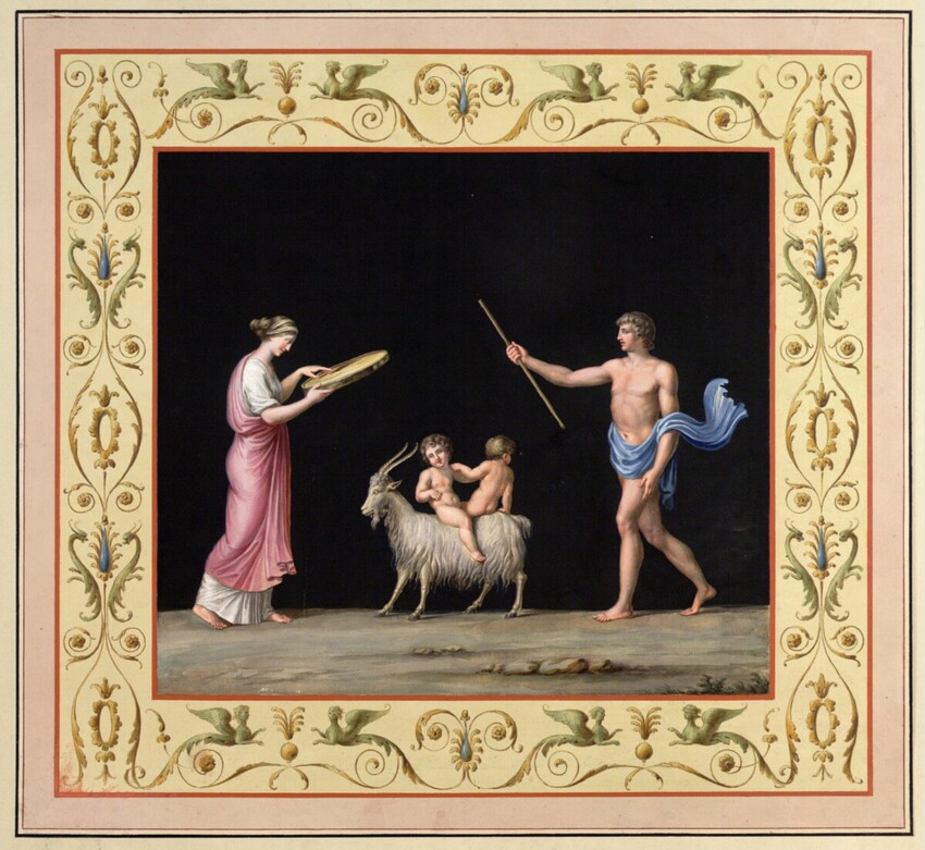 Vincenzo Brenna (Florenz 1747 - 1818 (?) Dresden) | Abbildungstafeln zu dem Großfolioband „Vestigia delle Terme di Tito e loro interne pitture": Daphnis und Chloe | Displayed motifs: Clothing, Person, Man, Angel, Latin cross, 