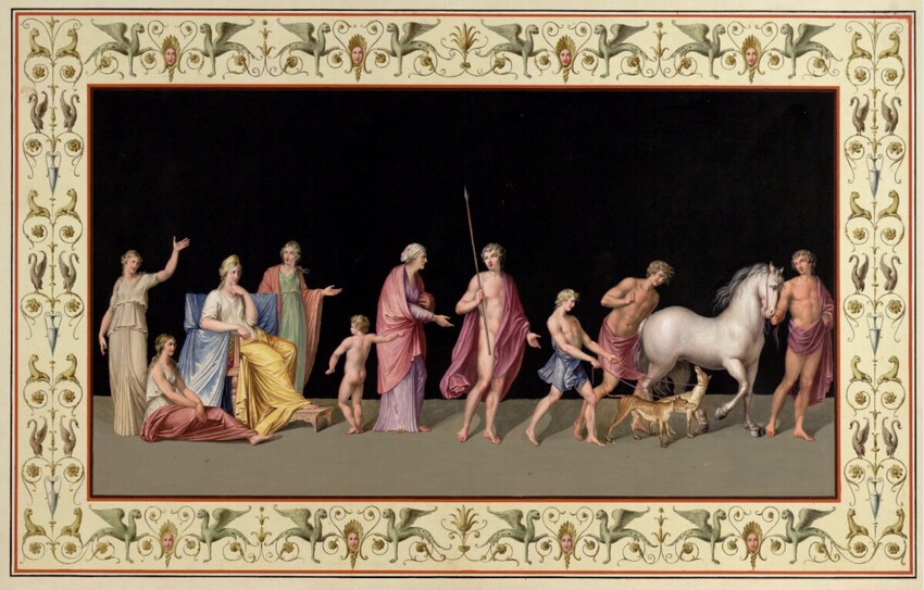 Vincenzo Brenna (Florenz 1747 - 1818 (?) Dresden) | Abbildungstafeln zu dem Großfolioband „Vestigia delle Terme di Tito e loro interne pitture": Hippolyt und Phaedra | Displayed motifs: Horse, Man, Woman, Person, Clothing, 