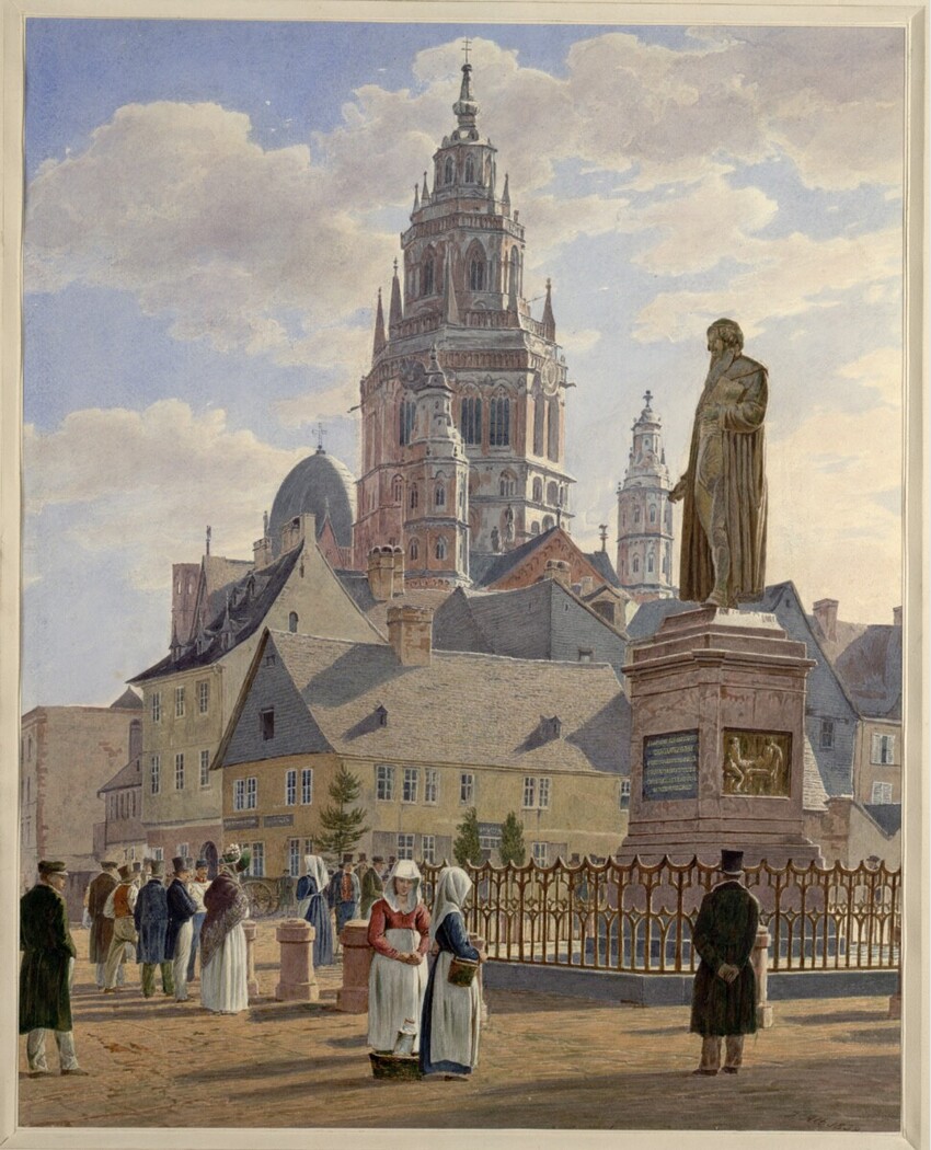 Jakob Alt (Frankfurt am Main 1789 - 1872 Wien) | Der Dom und das Gutenbergdenkmal in Mainz (Guckkastenblatt) | Displayed motifs: Tower, Building, Tree, Person, Veil, Woman, Castle, 