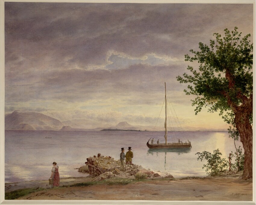 Jakob Alt (Frankfurt am Main 1789 - 1872 Wien) | Ansicht von Desenzano gegen Sermione und den Montebaldo am Lago di Garda bei Sonnenaufgang (Guckkastenblatt) | Displayed motifs: Boat, Tree, Person, Mammal, 