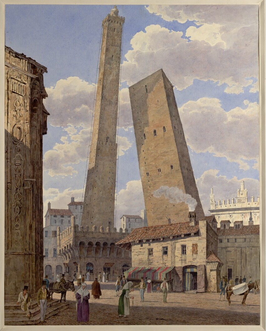 Jakob Alt (Frankfurt am Main 1789 - 1872 Wien) | Die Türme Asinelle und Carisenda in Bologna (Guckkastenblatt) | Displayed motifs: Tower, Building, Person, 